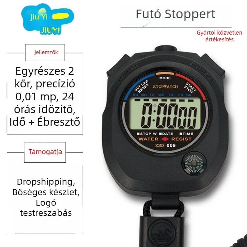 ABS anyagú elektronikus stopperóra, vízálló, szünet funkcióval, csúszásmentes, 50.6 g, futáshoz és edzéshez