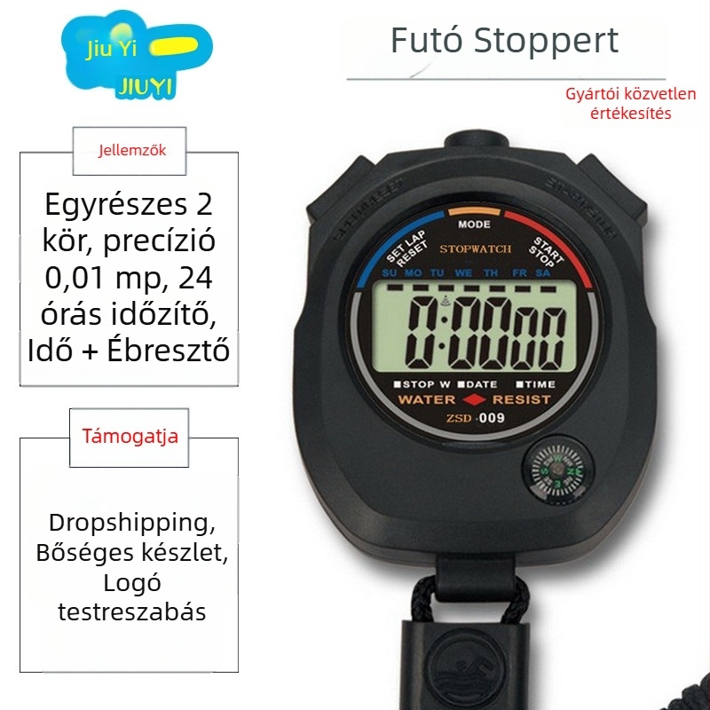 ABS anyagú elektronikus stopperóra, vízálló, szünet funkcióval, csúszásmentes, 50.6 g, futáshoz és edzéshez