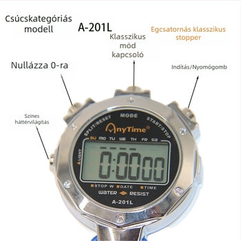 Elektronikus stopper/időmérő alumíniumötvözet testtel, vízálló, szünet funkcióval, csúszásmentes markolattal, súly 270 g