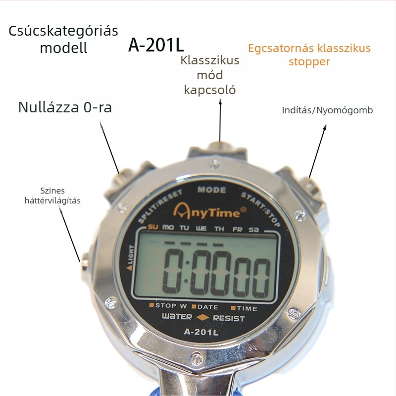 Elektronikus stopper/időmérő alumíniumötvözet testtel, vízálló, szünet funkcióval, csúszásmentes markolattal, súly 270 g