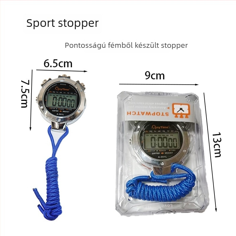 Elektronikus stopper/időmérő alumíniumötvözet testtel, vízálló, szünet funkcióval, csúszásmentes markolattal, súly 270 g