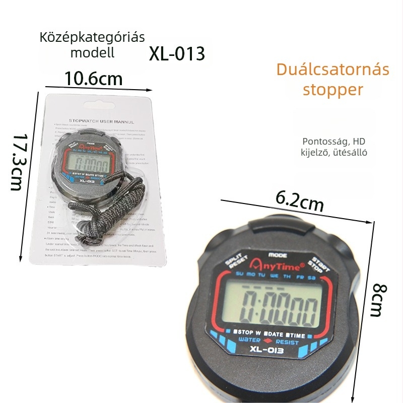 Elektronikus stopper/időmérő alumíniumötvözet testtel, vízálló, szünet funkcióval, csúszásmentes markolattal, súly 270 g