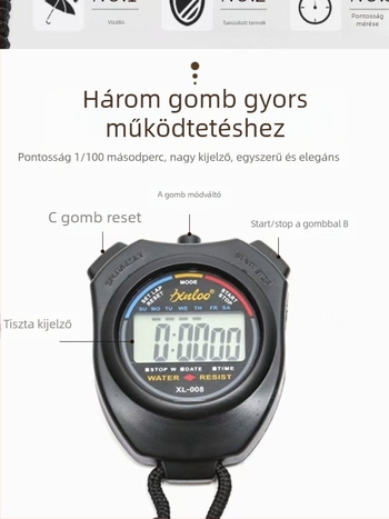 Sportstopperóra – ABS ház, vízálló, szünet funkcióval, csúszásmentes markolat, súly 20,8 g (Vízálló; Szünet funkció; Csúszásmentes fogás; ABS; Súly 20,8 g)