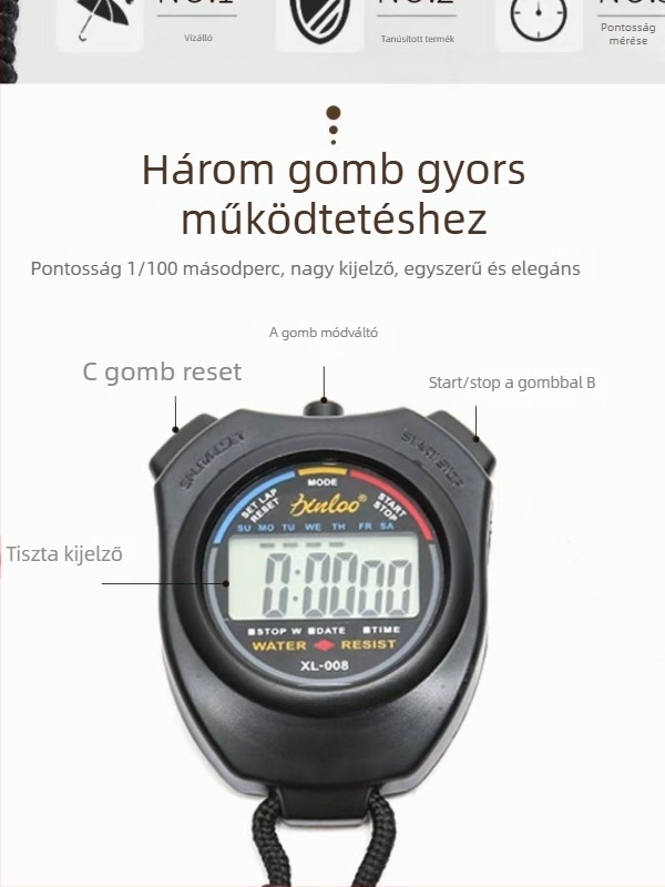 Sportstopperóra – ABS ház, vízálló, szünet funkcióval, csúszásmentes markolat, súly 20,8 g (Vízálló; Szünet funkció; Csúszásmentes fogás; ABS; Súly 20,8 g)