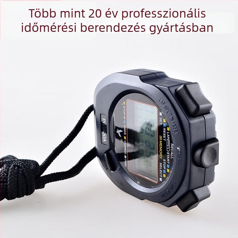 Tianfu PC3830A — Digitális stopper időmérő kalendárral, ébresztővel és visszaszámlálással; ABS test, vízálló, szünet funkció, csúszásmentes felület, háromsoros kijelző