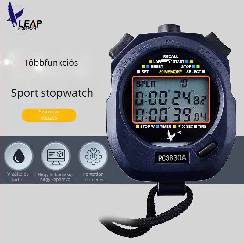 Tianfu PC3830A — Digitális stopper időmérő kalendárral, ébresztővel és visszaszámlálással; ABS test, vízálló, szünet funkció, csúszásmentes felület, háromsoros kijelző