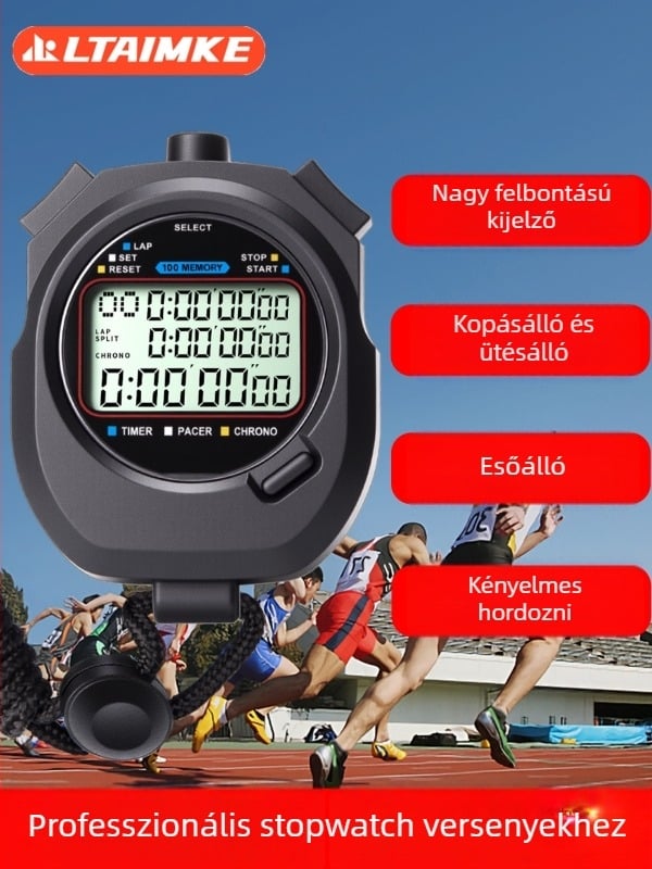 Többcsatornás elektronikus stopper versenyekhez, ABS ház, vízálló, szünet funkció, csúszásmentes felület