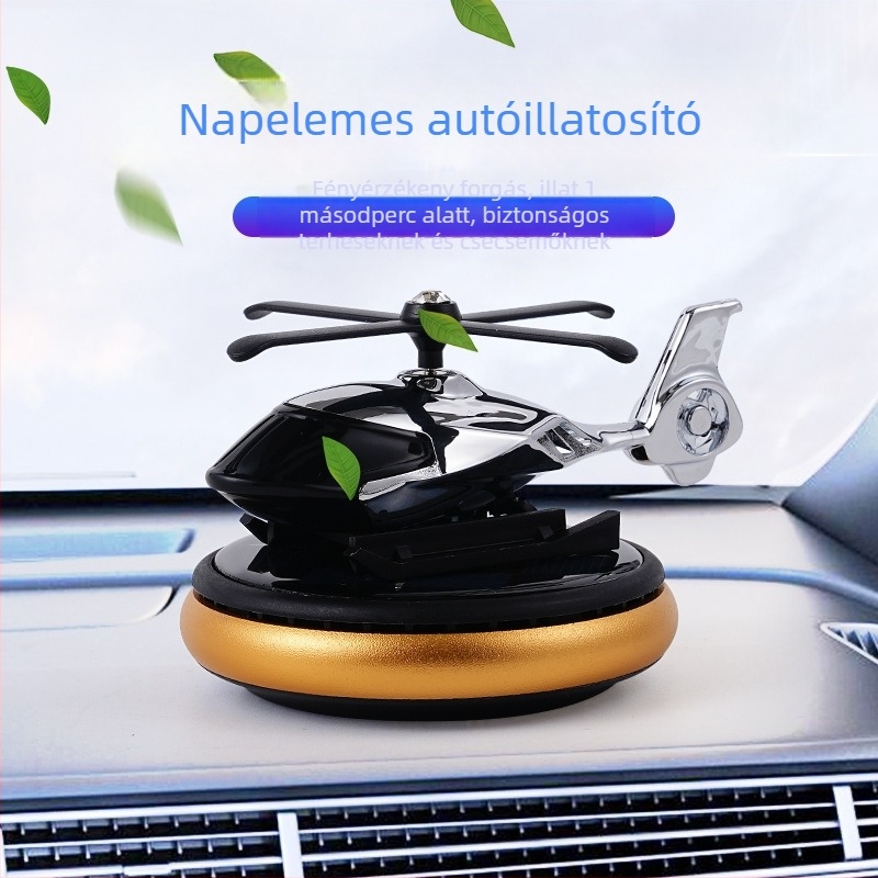 Autós aromaterápiás dísz: napelemes meghajtású forgó helikopter, 5–10 ml illat, virágos jegyek, műanyag test, illatidő 31–60 nap