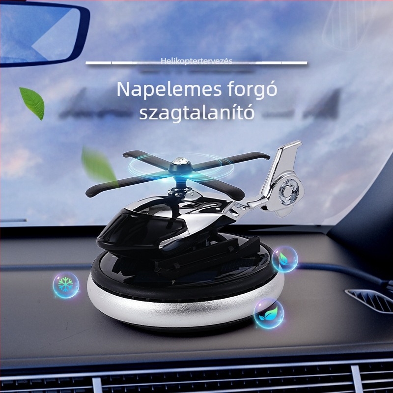 Autós aromaterápiás dísz: napelemes meghajtású forgó helikopter, 5–10 ml illat, virágos jegyek, műanyag test, illatidő 31–60 nap