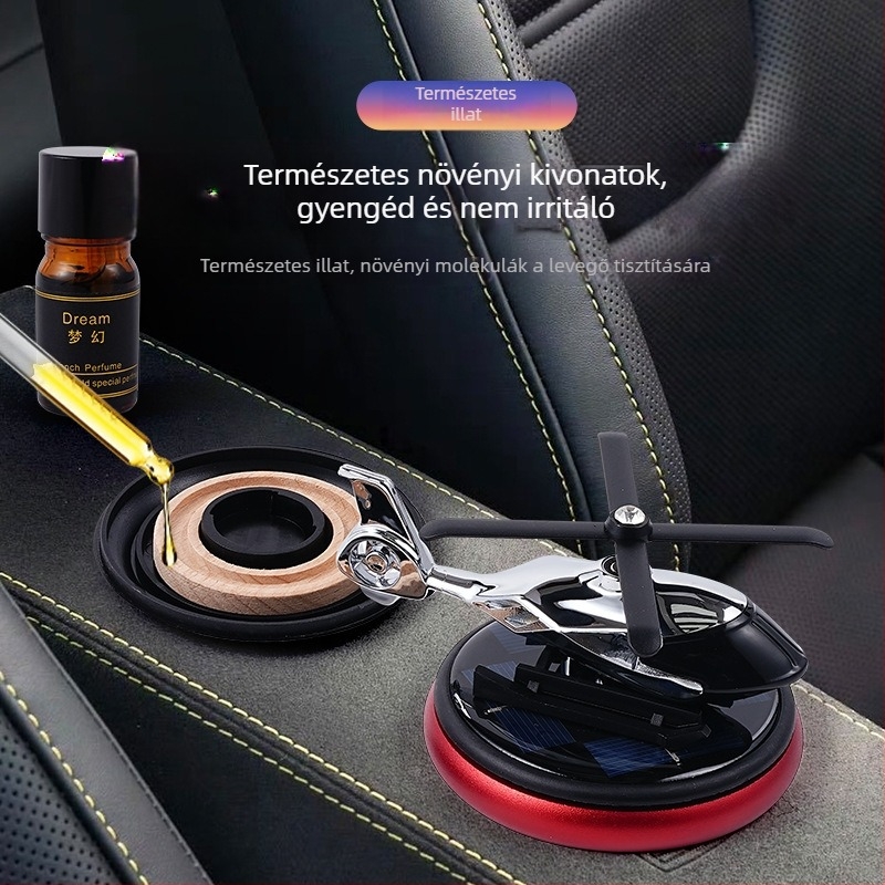 Autós aromaterápiás dísz: napelemes meghajtású forgó helikopter, 5–10 ml illat, virágos jegyek, műanyag test, illatidő 31–60 nap