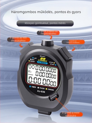 Elektronikus stopwatch időmérő ABS-házzal, vízálló, pause funkcióval, csúszásmentes, 1–3 soros kijelző, futásra és edzésre