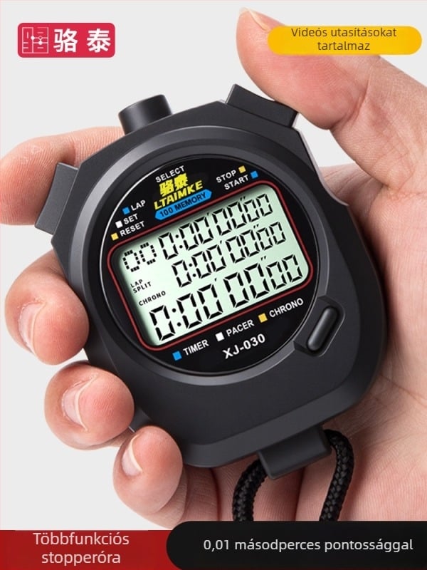 Elektronikus stopwatch időmérő ABS-házzal, vízálló, pause funkcióval, csúszásmentes, 1–3 soros kijelző, futásra és edzésre