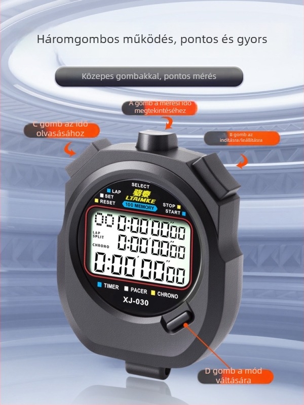 Elektronikus stopwatch időmérő ABS-házzal, vízálló, pause funkcióval, csúszásmentes, 1–3 soros kijelző, futásra és edzésre