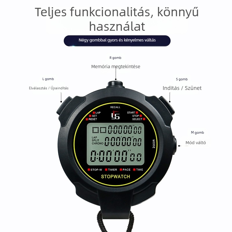 Elektronikus időmérő ABS házban, vízálló, szünet funkció, három soros kijelző, nyomtatott logó