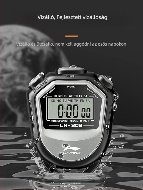 Li Ning elektronikus stopper sportversenyekhez – vízálló időmérő, pause funkció, ABS tokozás, 40 g, 2-pályás kijelző, futásra, kerékpározásra és labdajátékokra