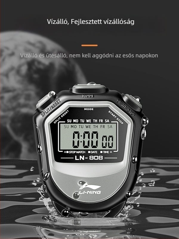 Li Ning elektronikus stopper sportversenyekhez – vízálló időmérő, pause funkció, ABS tokozás, 40 g, 2-pályás kijelző, futásra, kerékpározásra és labdajátékokra