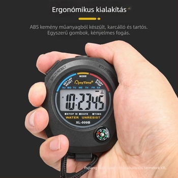 Elektronikus időmérő ABS tokban, méretek 62×82×22 mm, tömeg 50 g, 2-csatornás kijelző
