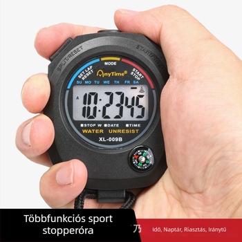 Elektronikus időmérő ABS tokban, méretek 62×82×22 mm, tömeg 50 g, 2-csatornás kijelző