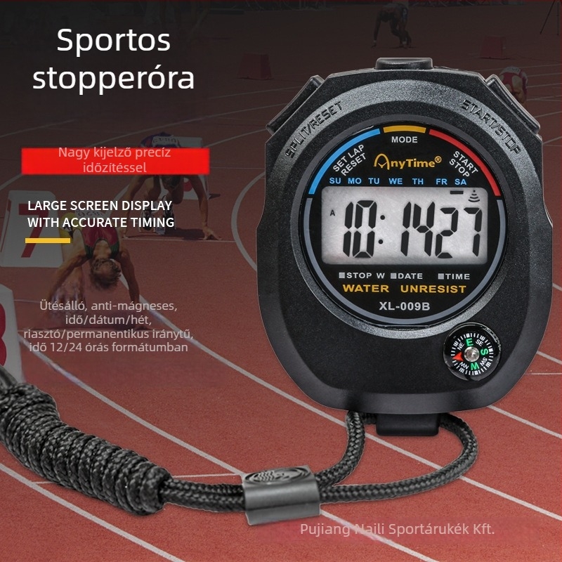 Elektronikus időmérő ABS tokban, méretek 62×82×22 mm, tömeg 50 g, 2-csatornás kijelző