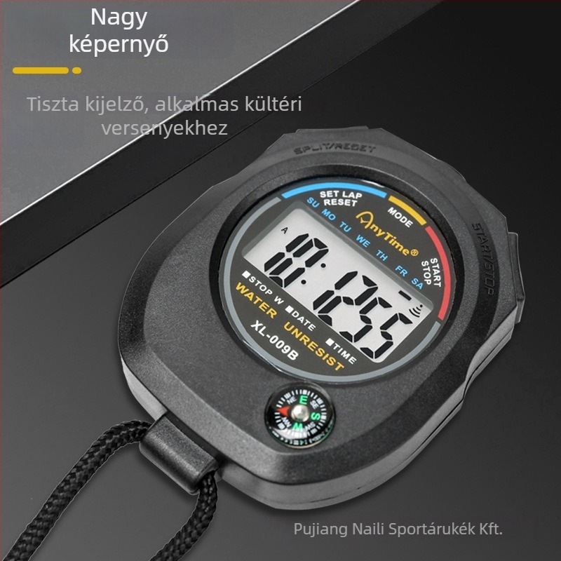 Elektronikus időmérő ABS tokban, méretek 62×82×22 mm, tömeg 50 g, 2-csatornás kijelző