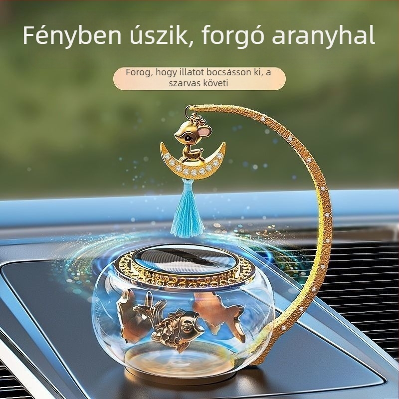 Üveg autóillatosító dísz, napelemmel működő forgó mechanizmussal és hosszú ideig tartó illattal
