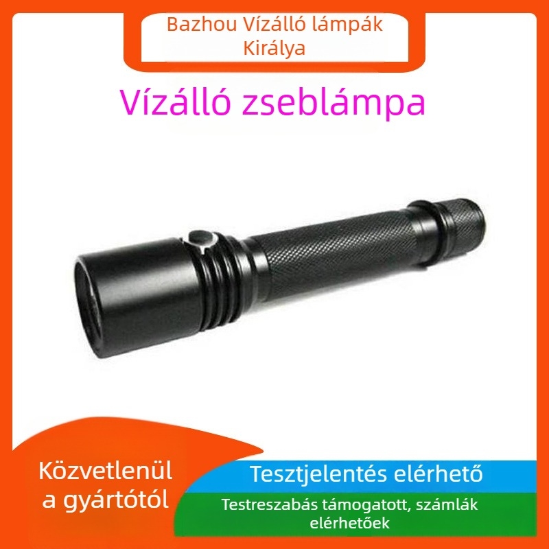 Búvár-zseblámpa alumíniumötvözetből, újratölthető, kézben tartható kültéri használatra, nagy teljesítményű megvilágítással