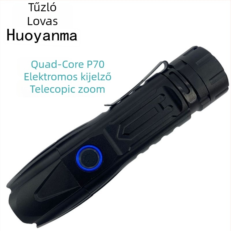 Flame Horse zseblámpa optikai zoommal, USB újratölthető, 5000 mAh akkumulátor, 360° forgás, hatótávolság 200–500 m