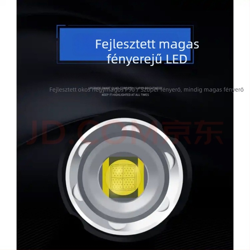 Flame Horse zseblámpa optikai zoommal, USB újratölthető, 5000 mAh akkumulátor, 360° forgás, hatótávolság 200–500 m