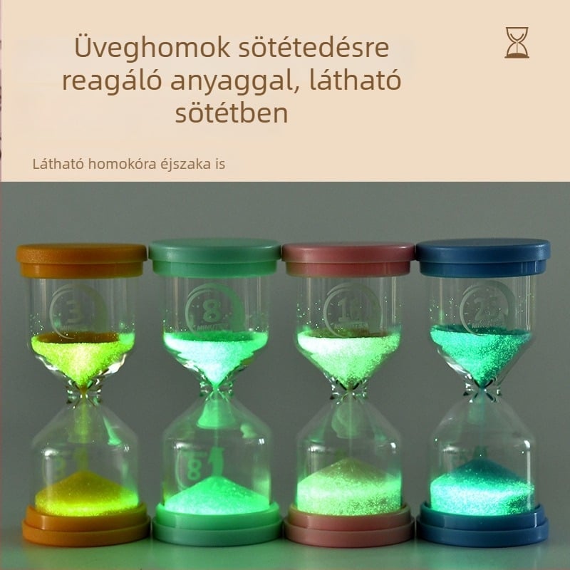 Macaron alakú világító homokóra - magas boroszilikát üveg, fújt kidolgozás, egyszerű és modern stílus, ideális ajándék utazásokhoz, diplomaosztóhoz és bulikhoz