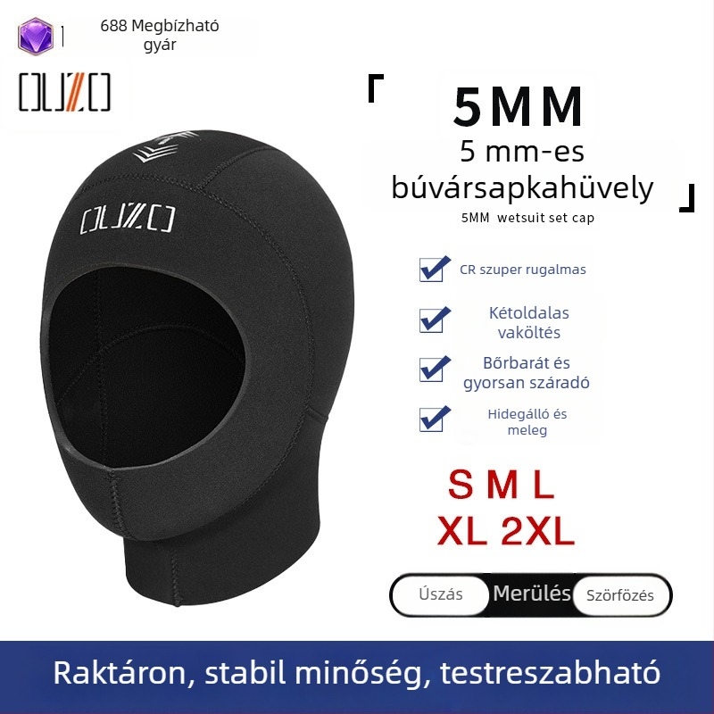 OUZO 5mm neoprén búvársapka férfiak és nők számára, CR szuper rugalmas, vastagított, meleg és hideg elleni védelem, úszófejfedő