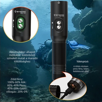 SKYWOODS búvár zseblámpa, 1200 lumen, lézerrel felszerelve, víz alatti világítás, hosszú hatótávolságú fény, jelzőfény