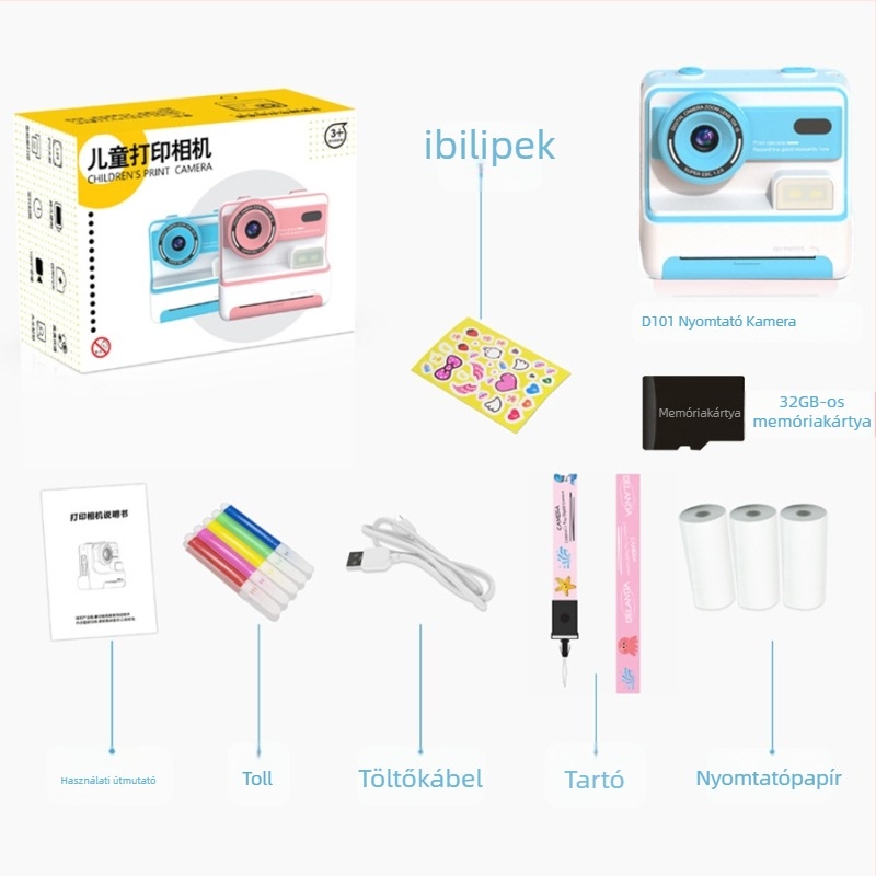 D101 Polaroid azonnali fényképezőgép kettős elő- és hátsó lencsékkel, 3600W pixeles, 2,4 hüvelykes LCD, TF-kártya tárhely, ABS tokozás