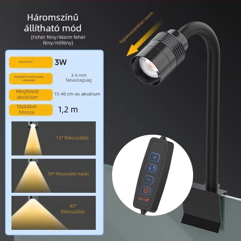 Mini akvárium LED spotlámpa, zoomolható, 3W, PC, 0104-H spotlámpa, 200 g