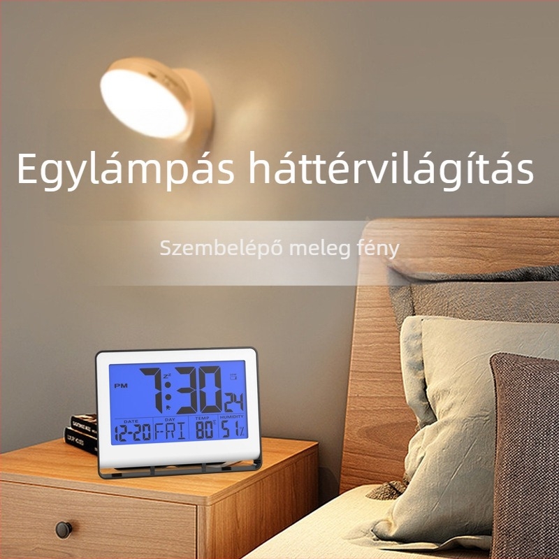 Ébresztőóra LCD kijelzővel, örökös naptár, hőmérséklet és páratartalom, holdfázis