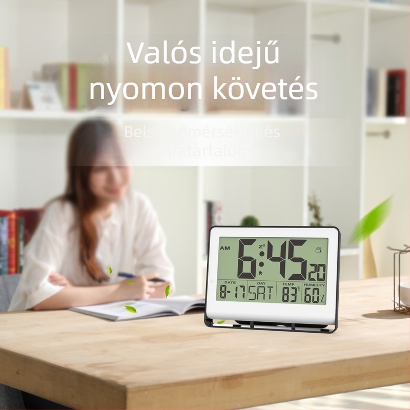 Ébresztőóra LCD kijelzővel, örökös naptár, hőmérséklet és páratartalom, holdfázis