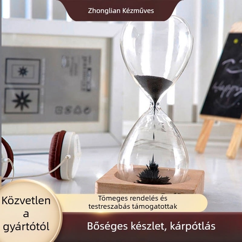 Homokóra időmérő asztali dekoráció, kézzel készített üveg, boroszilikát üveg + bükkfa alap, modern minimalista stílus
