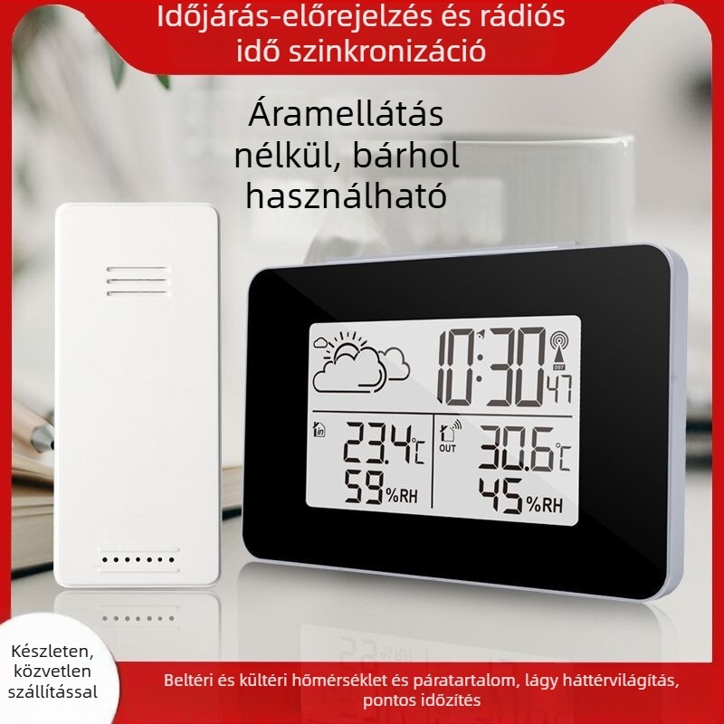Digitális ébresztőóra belső és külső hőmérséklet- és páratartalommal, naptár, éjszakai fény, időjárás-előrejelzés
