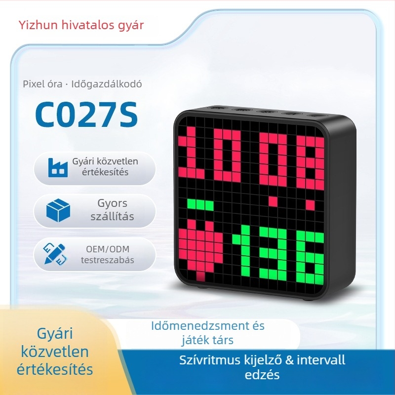 C027S Pulzusméréses edzésidőző asztali óra ébresztővel és környezeti fénnyel, ABS műanyag, vízálló, szünet funkció, felbontás 16×16