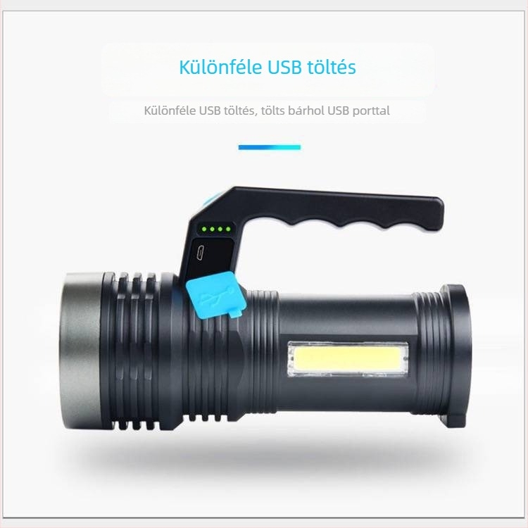 ABS hordozható munkalámpa oldalsó világítással, 1200mAh akkumulátor, 10W teljesítmény, akkumulátorról működik, hatótávolság 200-500 m