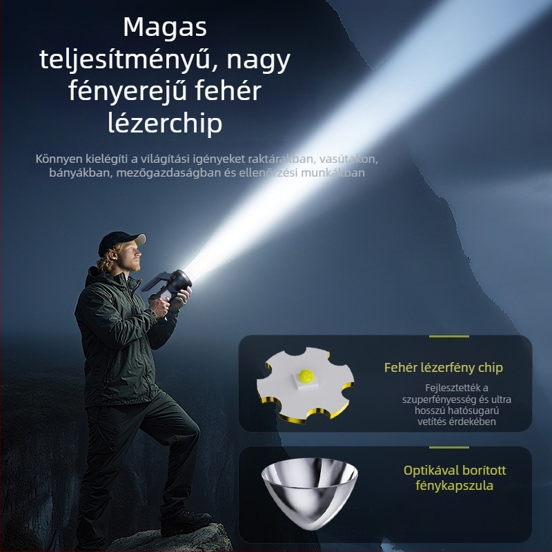 LED kézi hajtású zseblámpa, 15W, 2400mAh, hatótávolság 200-500 m