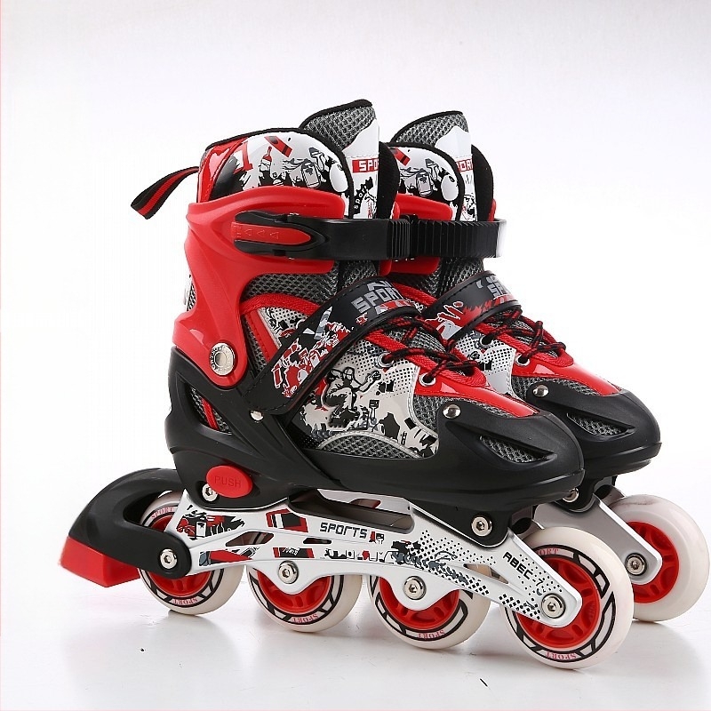 Görkorcsolya PU+háló felsőrész; egysoros kerekek; PVC kerekek; gumírozott talp; Juemei márka