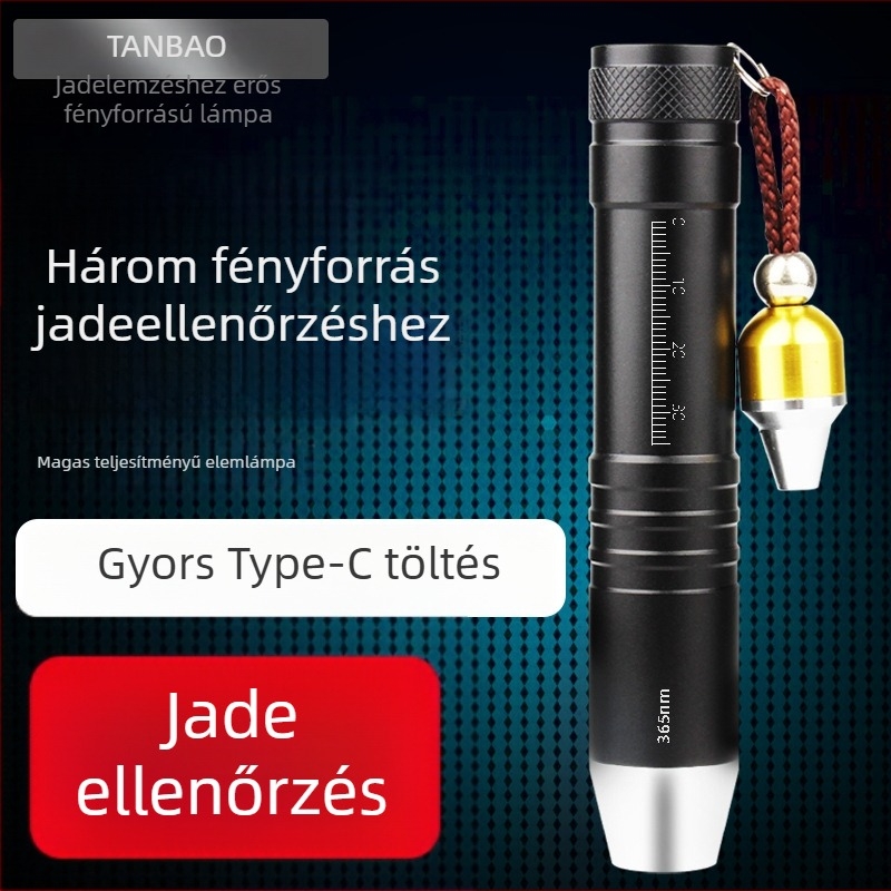 LED zseblámpa nefrit azonosítására Type-C töltéssel, alumíniumötvözet test, 1800 akkumulátor, hatótáv legfeljebb 50 m