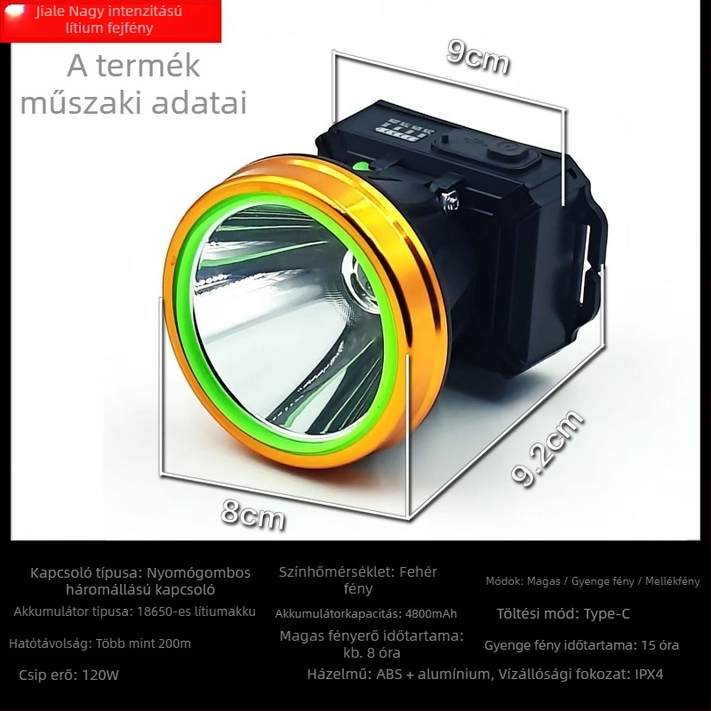 Újratölthető LED fejlámpa, 120W, 4800 mAh akkumulátor, hosszú hatótáv 200–500 m, fejre rögzíthető
