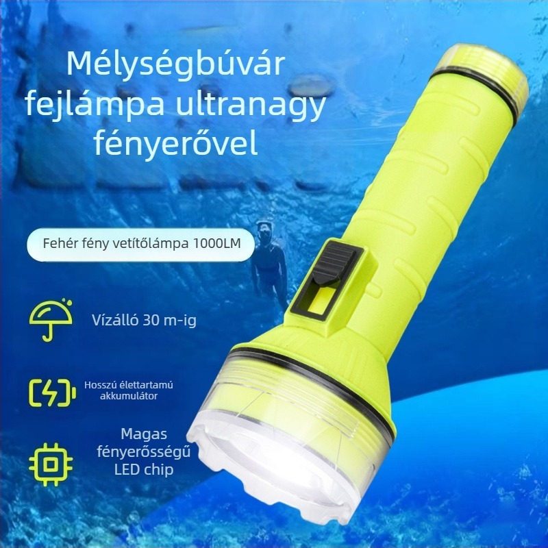 Merüléshez tervezett LED zseblámpa — 10W, 1200 mAh, 500 m-ig terjedő fény, 240–350 lm, újratölthető