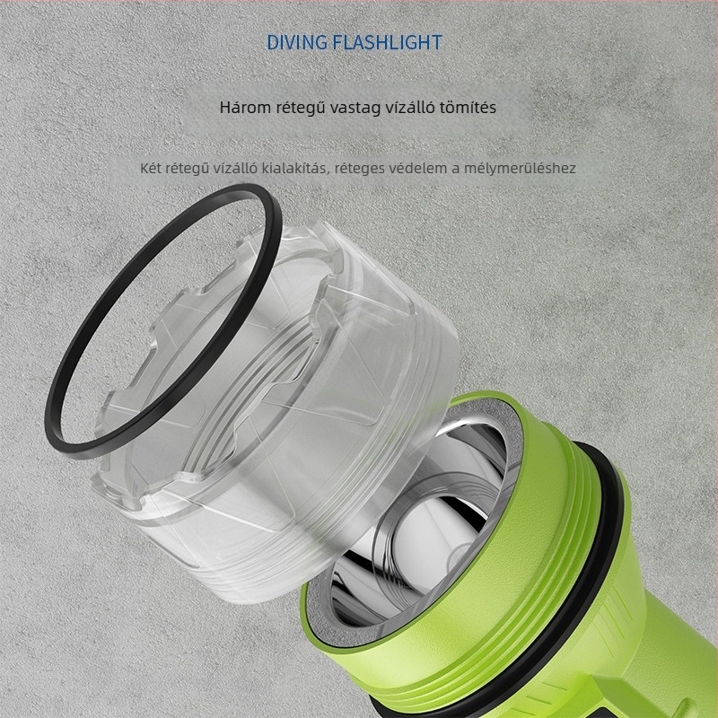 Merüléshez tervezett LED zseblámpa — 10W, 1200 mAh, 500 m-ig terjedő fény, 240–350 lm, újratölthető