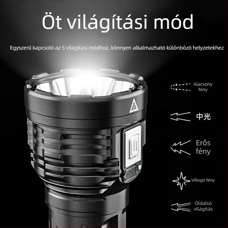 LED kültéri zseblámpa, USB-töltésű, 5W, 200–500 m hatótáv, többfunkciós