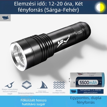 Búvárlámpa - Alumíniumötvözet ház, LED, újratölthető, kézi működtetés, többfunkciós
