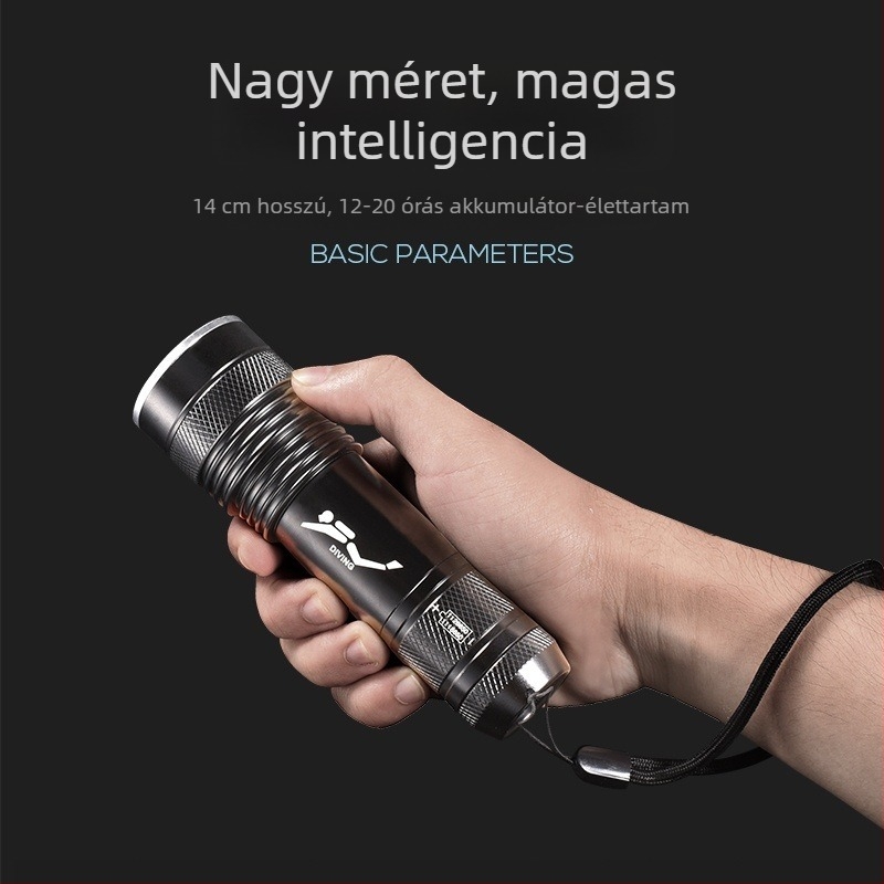 Búvárlámpa - Alumíniumötvözet ház, LED, újratölthető, kézi működtetés, többfunkciós