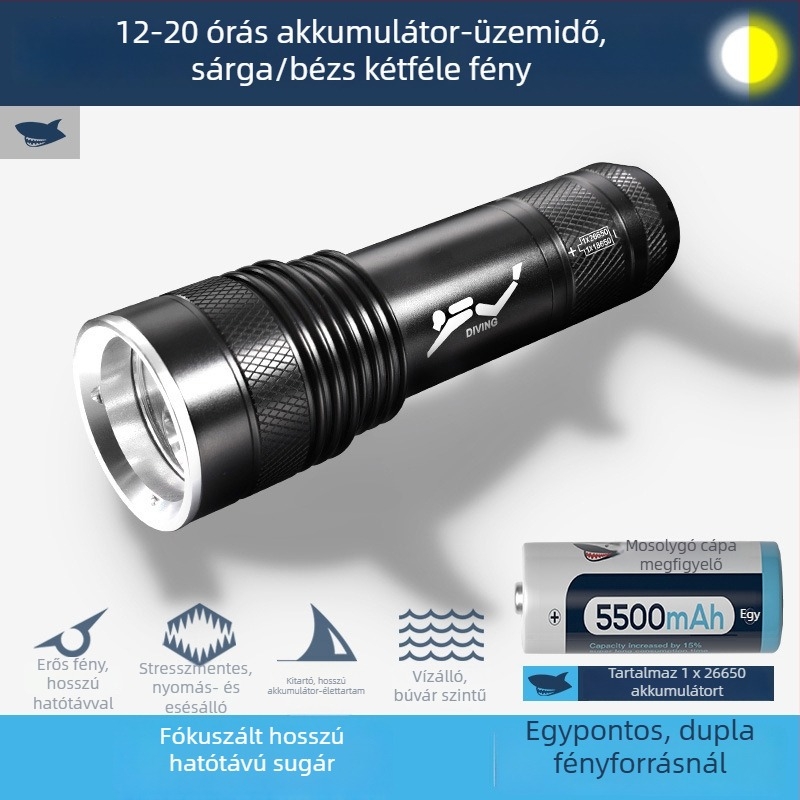 Búvárlámpa - Alumíniumötvözet ház, LED, újratölthető, kézi működtetés, többfunkciós