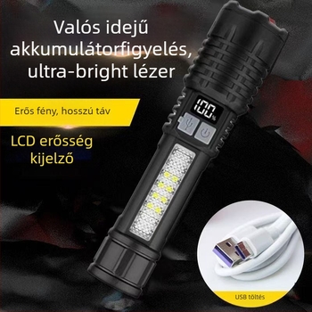 Új tölthető LED zseblámpa digitális kijelzővel, kézi hajtású, 8W, 1500mAh, hatótávolság 100–200 m, több üzemmód
